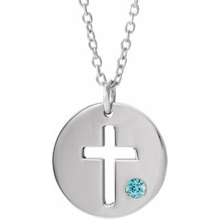 14K White Natural Zircon Pierced Cross Disc 16-18" Necklace