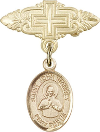 14kt Gold Filled Badge Pin With Cross St. John Vianney Baby Badge - Engravable