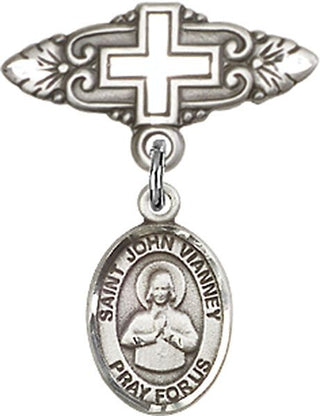 Sterling Silver Badge Pin With Cross St. John Vianney Baby Badge - Engravable