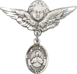 Sterling Silver Large Angel w/Wings St. John Vianney Baby Badge - Engravable