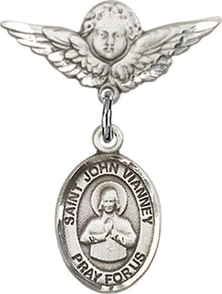 Sterling Silver Small Angel w/Wings St. John Vianney Baby Badge - Engravable