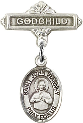 Sterling Silver Godchild St. John Vianney Baby Badge - Engravable