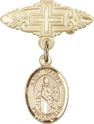 14kt Gold Filled Badge Pin With Cross St. Walter of Pontoise Baby Badge - Engravable