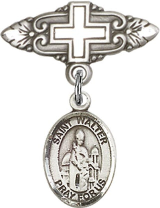 Sterling Silver Badge Pin With Cross St. Walter of Pontoise Baby Badge - Engravable