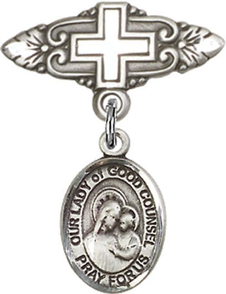 Sterling Silver Badge Pin With Cross O/L of Good Counsel Baby Badge - Engravable