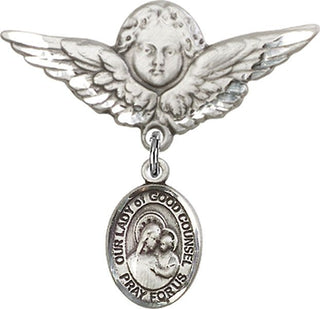 Sterling Silver Large Angel w/Wings O/L of Good Counsel Baby Badge - Engravable