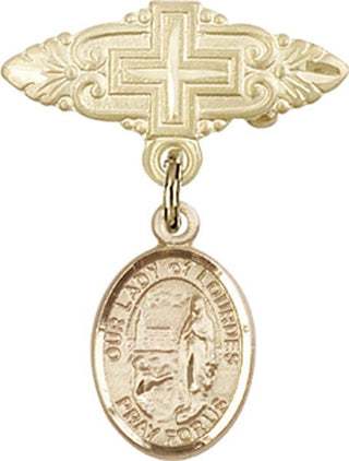 14kt Gold Filled Badge Pin With Cross O/L of Lourdes Baby Badge - Engravable