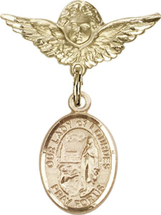 14kt Gold Filled Small Angel w/Wings O/L of Lourdes Baby Badge - Engravable