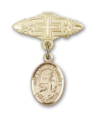 14kt Gold Badge Pin With Cross O/L of Lourdes Baby Badge - Engravable