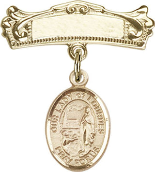 14kt Gold Badge Pin O/L of Lourdes Baby Badge - Engravable