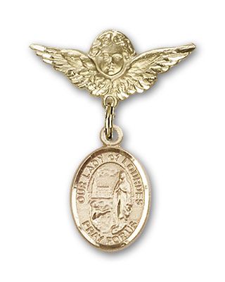 14kt Gold Small Angel w/Wings O/L of Lourdes Baby Badge - Engravable