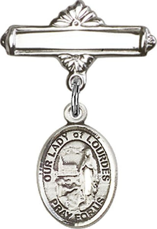 Sterling Silver Polished Badge Pin O/L of Lourdes Baby Badge - Engravable