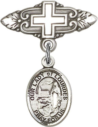 Sterling Silver Badge Pin With Cross O/L of Lourdes Baby Badge - Engravable