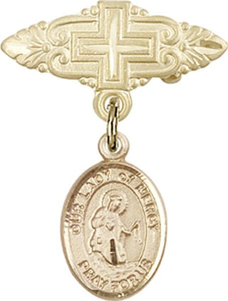 14kt Gold Badge Pin With Cross O/L of Mercy Baby Badge - Engravable