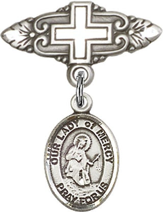 Sterling Silver Badge Pin With Cross O/L of Mercy Baby Badge - Engravable