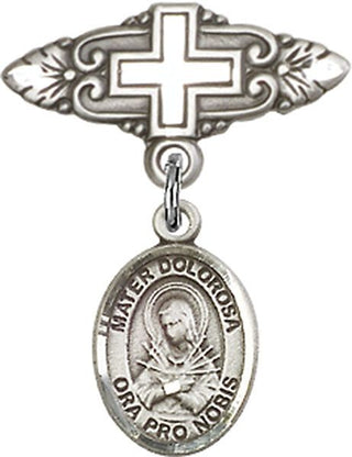 Sterling Silver Badge Pin With Cross Mater Dolorosa Baby Badge - Engravable