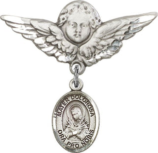 Sterling Silver Large Angel w/Wings Mater Dolorosa Baby Badge - Engravable