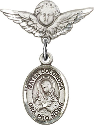 Sterling Silver Small Angel w/Wings Mater Dolorosa Baby Badge - Engravable