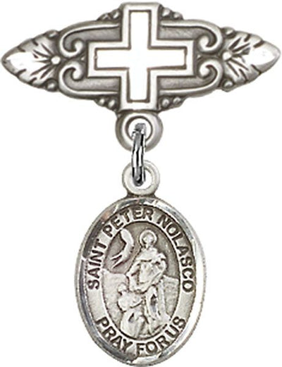 Sterling Silver Badge Pin With Cross St. Peter Nolasco Baby Badge - Engravable
