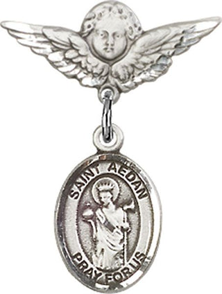 Sterling Silver Small Angel w/Wings St. Aedan of Ferns Baby Badge - Engravable