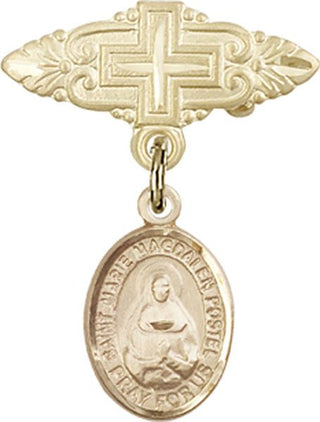 14kt Gold Badge Pin With Cross St. Marie Magdalen Postel Baby Badge - Engravable
