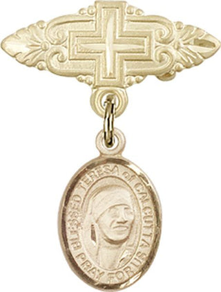 14kt Gold Filled Badge Pin With Cross St. Teresa of Calcutta Baby Badge - Engravable