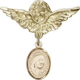 14kt Gold Large Angel w/Wings St. Teresa of Calcutta Baby Badge - Engravable