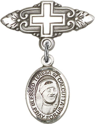 Sterling Silver Badge Pin With Cross St. Teresa of Calcutta Baby Badge - Engravable