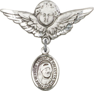 Sterling Silver Large Angel w/Wings St. Teresa of Calcutta Baby Badge - Engravable
