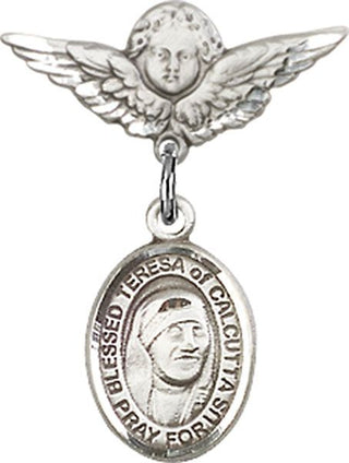 Sterling Silver Small Angel w/Wings St. Teresa of Calcutta Baby Badge - Engravable