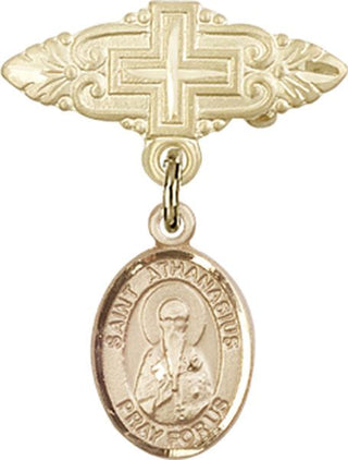 14kt Gold Badge Pin With Cross St. Athanasius Baby Badge - Engravable