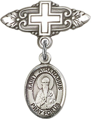 Sterling Silver Badge Pin With Cross St. Athanasius Baby Badge - Engravable