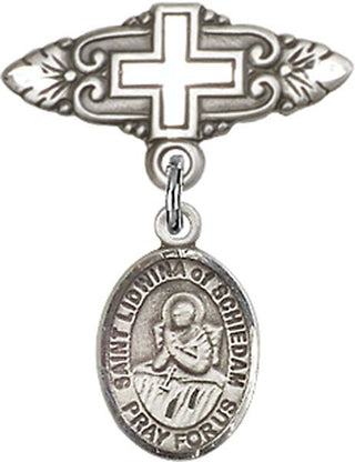 Sterling Silver Badge Pin With Cross St. Lidwina of Schiedam Baby Badge - Engravable