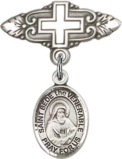 Sterling Silver Badge Pin With Cross St. Bede the Venerable Baby Badge - Engravable