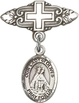Sterling Silver Badge Pin With Cross O/L of Olives Baby Badge - Engravable