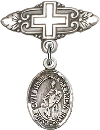 Sterling Silver Badge Pin With Cross St. Thomas of Villanova Baby Badge - Engravable