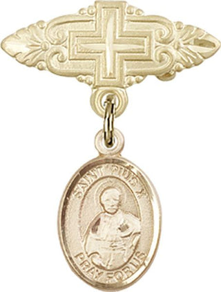 14kt Gold Badge Pin With Cross St. Pius X Baby Badge - Engravable