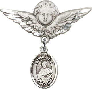 Sterling Silver Large Angel w/Wings St. Pius X Baby Badge - Engravable