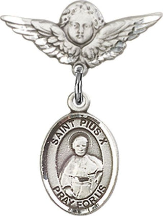 Sterling Silver Small Angel w/Wings St. Pius X Baby Badge - Engravable