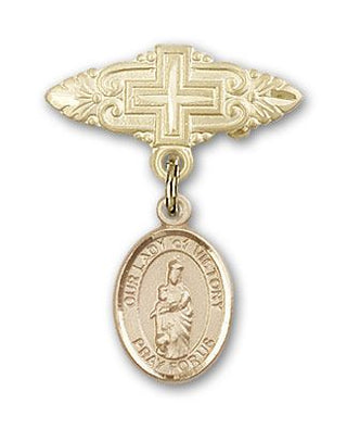 14kt Gold Badge Pin With Cross O/L of Victory Baby Badge - Engravable