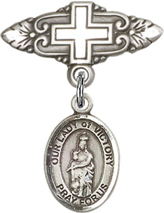 Sterling Silver Badge Pin With Cross O/L of Victory Baby Badge - Engravable