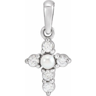 14K White Cultured White Seed Pearl & .07 CTW Natural Diamond Cross Pendant