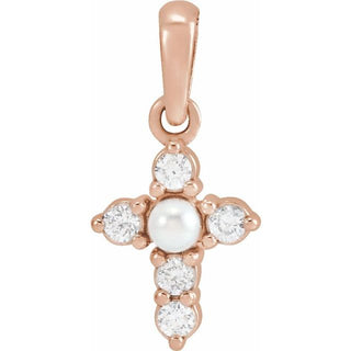 14K Rose Cultured White Seed Pearl & .07 CTW Natural Diamond Cross Pendant