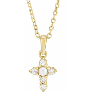 14K Yellow Cultured White Seed Pearl & .07 CTW Natural Diamond Cross 16-18" Necklace