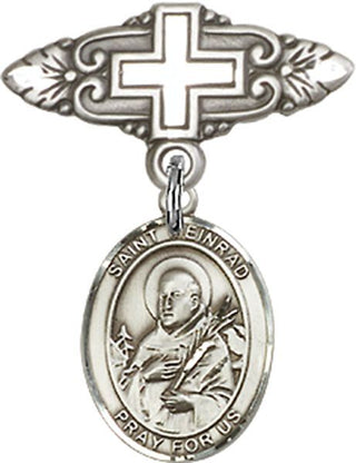 Sterling Silver Badge Pin With Cross St. Meinrad of Einsiedeln Baby Badge - Engravable