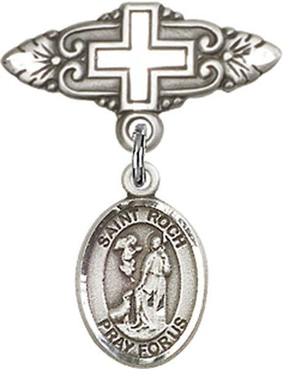 Sterling Silver Badge Pin With Cross St. Roch Baby Badge - Engravable