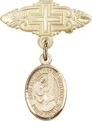 14kt Gold Badge Pin With Cross St. Elizabeth of the Visitation Baby Badge - Engravable