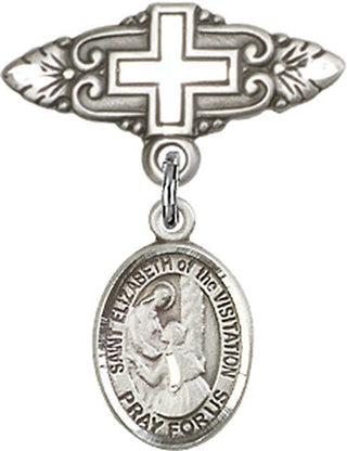 Sterling Silver Badge Pin With Cross St. Elizabeth of the Visitation Baby Badge - Engravable