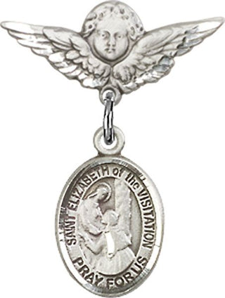 Sterling Silver Small Angel w/Wings St. Elizabeth of the Visitation Baby Badge - Engravable