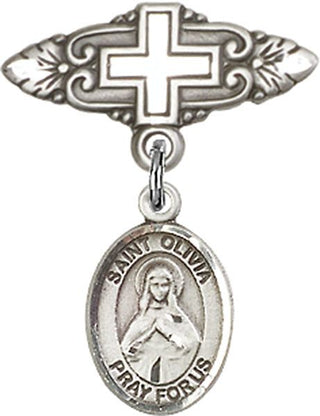 Sterling Silver Badge Pin With Cross St. Olivia Baby Badge - Engravable